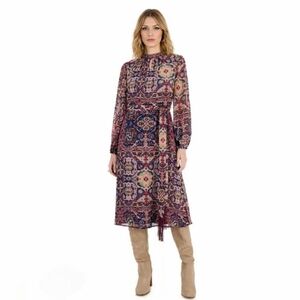 NWT Tahari ASL Tapestry Print Chiffon Long Sleeve Midi Dress